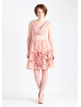 Rose Pink Deep V Pleats Chiffon Knee Length Bridesmaid Dress