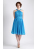 Halter Neck Blue Short Airy Chiffon Bridesmaid Dress