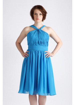 Halter Neck Blue Short Airy Chiffon Bridesmaid Dress