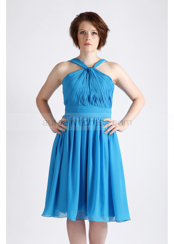 Halter Neck Blue Short Airy Chiffon Bridesmaid Dress