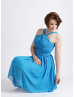 Halter Neck Blue Short Airy Chiffon Bridesmaid Dress