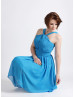 Blue Halter Ruching Chiffon Short Prom Dress