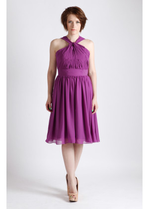 Halter Neck Purple Chiffon Knee Length Bridesmaid Dress