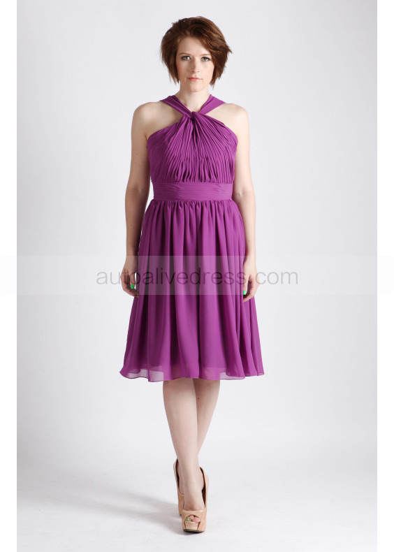 Halter Neck Purple Chiffon Knee Length Bridesmaid Dress