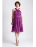 Halter Neck Purple Chiffon Knee Length Bridesmaid Dress