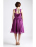 Halter Neck Purple Chiffon Knee Length Bridesmaid Dress