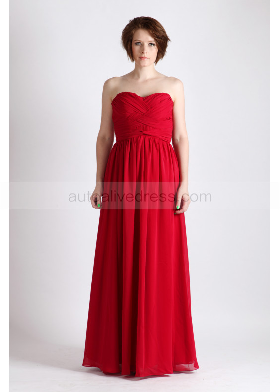 Red Strapless Chiffon Floor Length Bridesmaid Dress