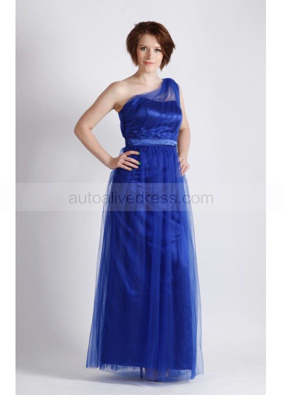 One Shoulder Royal Blue Satin Tulle Long Bridesmaid Dress