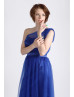 One Shoulder Royal Blue Satin Tulle Long Bridesmaid Dress