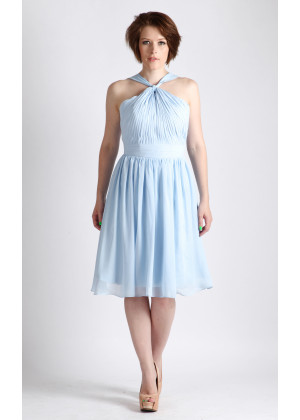 Halter Neck Sky Blue Pleated Chiffon Bridesmaid Dress