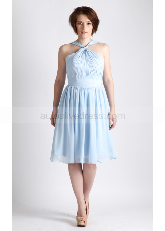 Halter Neck Sky Blue Pleated Chiffon Bridesmaid Dress