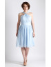 Halter Neck Sky Blue Pleated Chiffon Bridesmaid Dress