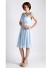 Halter Neck Sky Blue Pleated Chiffon Bridesmaid Dress