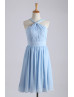 Halter Neck Sky Blue Pleated Chiffon Bridesmaid Dress