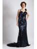 Sexy Navy Blue Sequin Backless Bridesmaid Dress