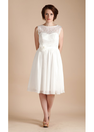 Ivory Lace Chiffon Knee Length Modest Wedding Dress