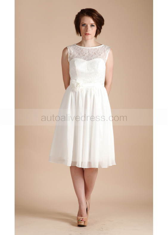 Ivory Lace Chiffon Knee Length Modest Wedding Dress