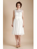 Ivory Lace Chiffon Knee Length Modest Wedding Dress