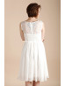 Ivory Lace Chiffon Knee Length Modest Wedding Dress