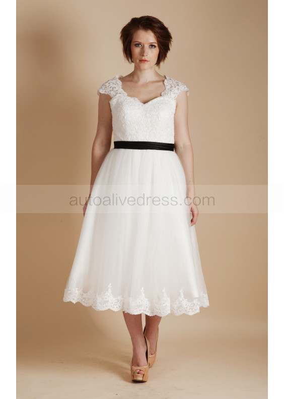 Ivory Lace Cap Sleeves Tulle Tea Length Prom Dress
