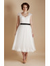 Ivory Lace Cap Sleeves Tulle Tea Length Prom Dress