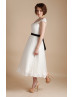 Cap Sleeves Ivory Lace Tulle Cut Out Back Short Wedding Dress