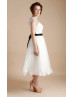 Ivory Lace Cap Sleeves Tulle Tea Length Prom Dress