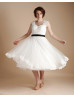 Ivory Lace Cap Sleeves Tulle Tea Length Prom Dress
