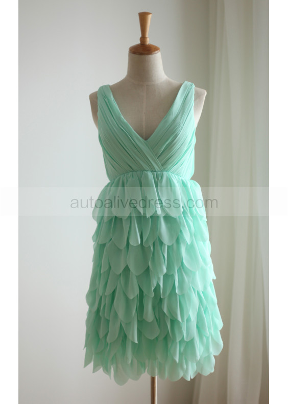 Green Chiffon Petal Skirt Knee Length Bridesmaid Dress