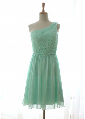 One Shoulder Mint Green Chiffon Short Wedding Bridesmaid Dress