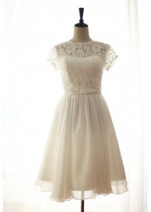 Short Sleeves Ivory Lace Chiffon V Back Wedding Dress