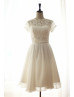 Short Sleeves Ivory Lace Chiffon V Back Wedding Dress