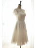 Short Sleeves Ivory Lace Chiffon V Back Wedding Dress