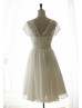 Short Sleeves Ivory Lace Chiffon V Back Wedding Dress