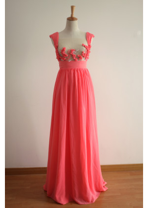 Beaded Coral Chifffon Sexy Floral Prom Dress
