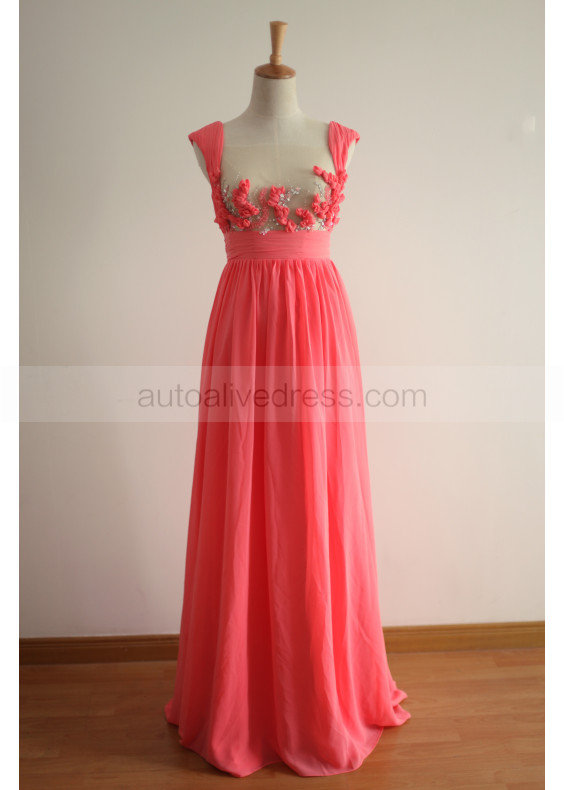 Coral See Through Neckline Flower Beaded Chifffon Long Prom Dress