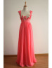 Beaded Coral Chifffon Sexy Floral Prom Dress