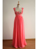 Coral See Through Neckline Flower Beaded Chifffon Long Prom Dress