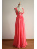 Beaded Coral Chifffon Sexy Floral Prom Dress