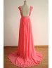 Beaded Coral Chifffon Sexy Floral Prom Dress