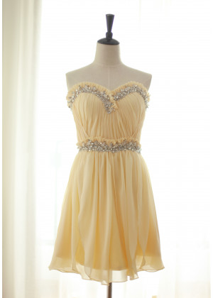 Beaded Strapless Sweetheart Buttery Yellow Chiffon Pleated Bridesmaid Dress