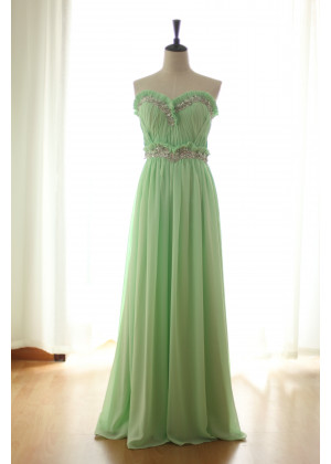 Beaded Strapless Sweetheart Pale Green Chiffon Pleated Bridesmaid Dress