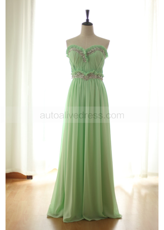Beaded Strapless Sweetheart Pale Green Chiffon Pleated Bridesmaid Dress