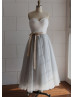 Strapless Sweetheart Ivory Lace Gray Tulle Wedding Dress