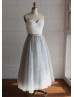 Strapless Sweetheart Ivory Lace Gray Tulle Wedding Dress