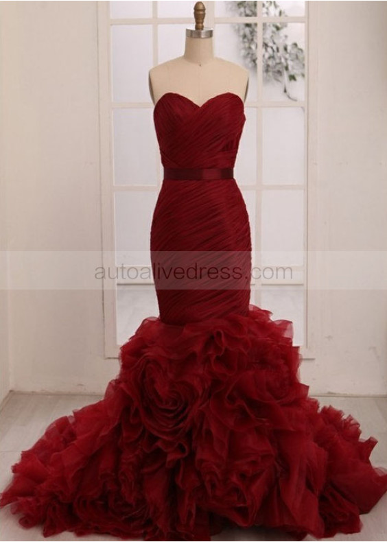 Burgundy Sweetheart Ruched Organza Ruffle Wedding Dress