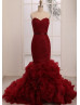 Burgundy Sweetheart Ruched Organza Ruffle Wedding Dress