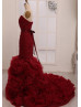 Burgundy Sweetheart Ruched Organza Ruffle Wedding Dress