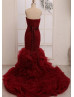 Burgundy Sweetheart Ruched Organza Ruffle Wedding Dress