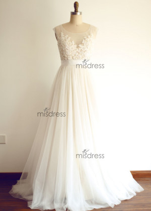 Sheer Illusion Tulle Lace Beaded Wedding Dress With Champagne Lining